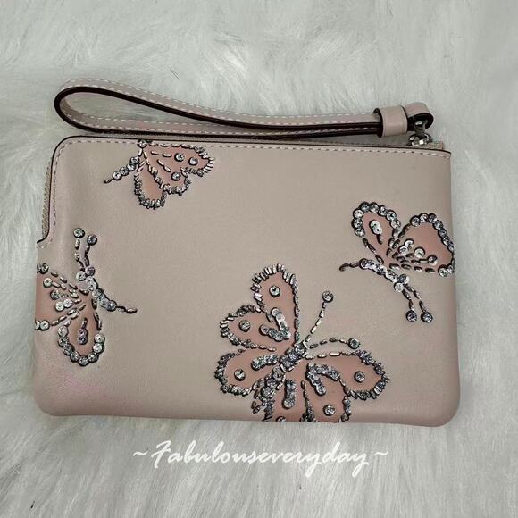 Coach Corner Zip Wristlet With Sparkly Butterfly Print In Leather/Seashell CCJ72 - Picture 2 of 4